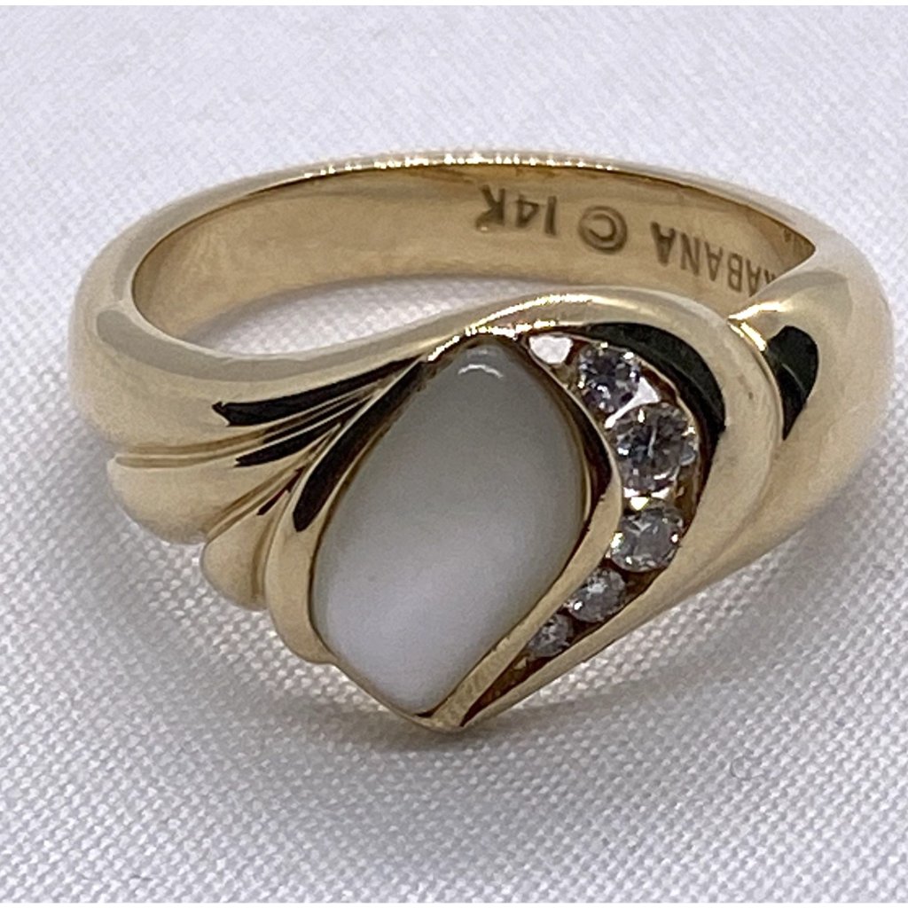 Kabana 14k 585 Yellow Gold Mother Of Pearl Inlay Size 6.75 Diamond Ring